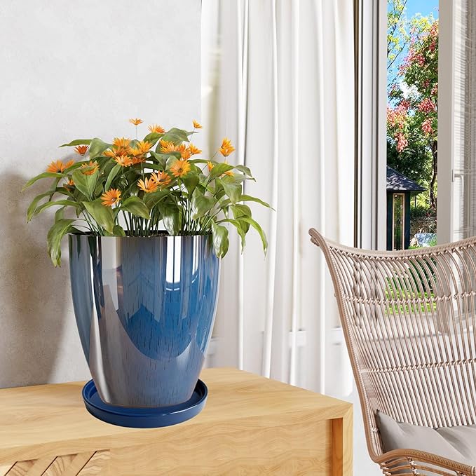 2 Pack Ceramic Plant Saucer Pot Tray 6 Inch, Planter Saucers 4 5 6 7 8 9 10 11 12 13 Inch for Indoors Outdoor, Durable Sturdy Flower Drainage drip Water Tray for Glazed Pots Base (6.4 Inch-Blue)