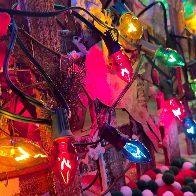 C7 Christmas Lights Outdoor, 25Ft Vintage Christmas String Lights with 27 Multicolor Clear Bulbs, Hanging Christmas Decorations Lights for Outdoor Indoor Roofline House Garden Patio Party Holiday