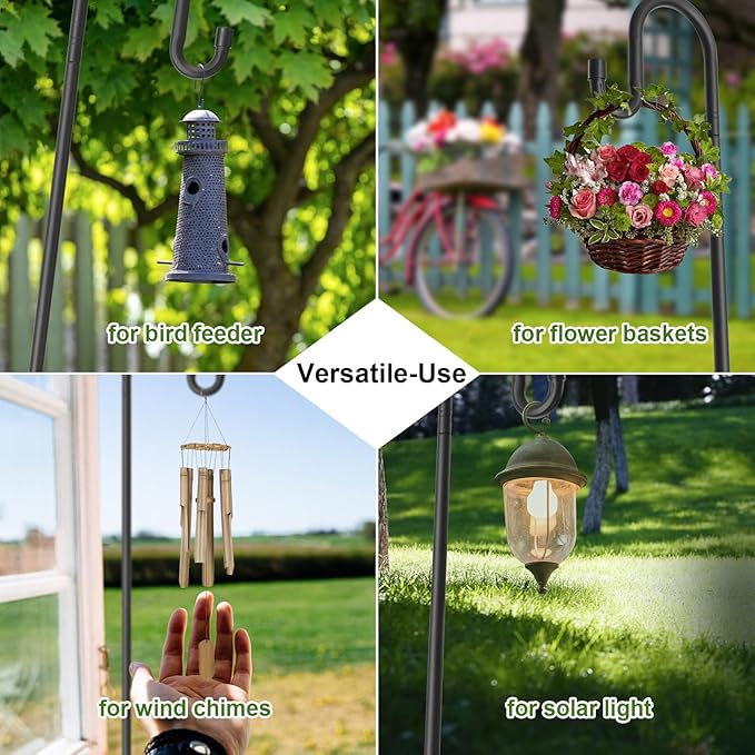 Hummingbird Feeder Pole for Outdoors - Heavy Duty Bird Feeder Stand with Adjustable Stake,62"Rustproof Shepards Poles with Hangers Holder for Birdfeeder,Wind Chimes,Lanterns,Wreaths,Black