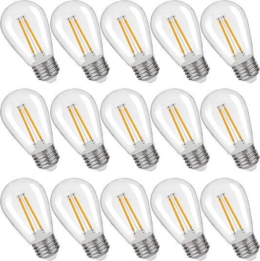 S14 Replacement LED Light Bulbs, Shatterproof & Waterproof 2W S14 Edison LED Bulbs, Outdoor String Lights, E26 Base Patio Lights, Warm White 2200K Plastic 150ML Non-Dimmable 15 Pack