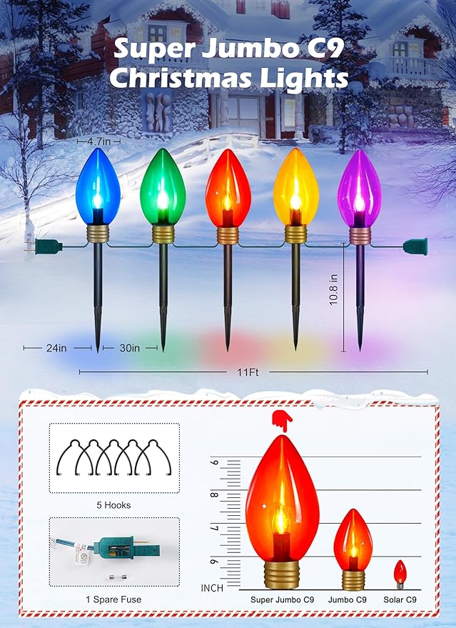 Minetom 2 Pack 11Feet 5 LED Super Jumbo Christmas String Lights or Pathway Marker Lights, Outdoor Xmas Decorations- Jumbo C9 Hanging Lights Waterproof Lawn Dec for Holiday Home Tree Roof Yard Garden