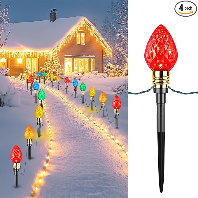 Brightown 4 Pack Strawberry C9 Christmas Pathway Lights Outdoor - Total 69.6 Feet 40 LED Christmas Walkway Lights,Colored Bulb Christmas Lights Outdoor Decorations for Lawn Holiday Outside, Multicolor