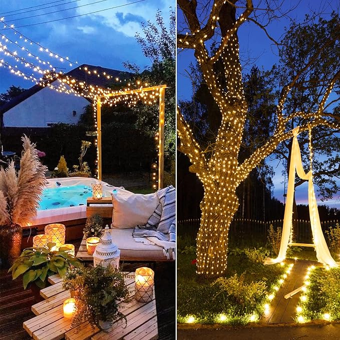 42.7Ft Warm White Solar Lights Outdoor, 2 Pack Total 200 LED Twinkle Solar Tree Lights, 8 Modes Solar String Lights for Outside Tree Patio Yard Wedding Garden Decorations