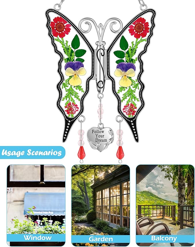 KY&BOSAM Butterfly Suncatcher Follow Your Dream Gifts for Mother Pressed Flower Between Wings Glass Hanging for Windows Charm Birthday Gifts for Women Mother's Day Valentine's Thanksgiving Christmas
