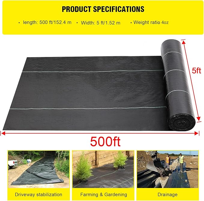 Driveway Fabric - 5x500 ft Heavy Duty 4OZ French Drain Fabric for Erosion Control & Landscape Weed Barrier