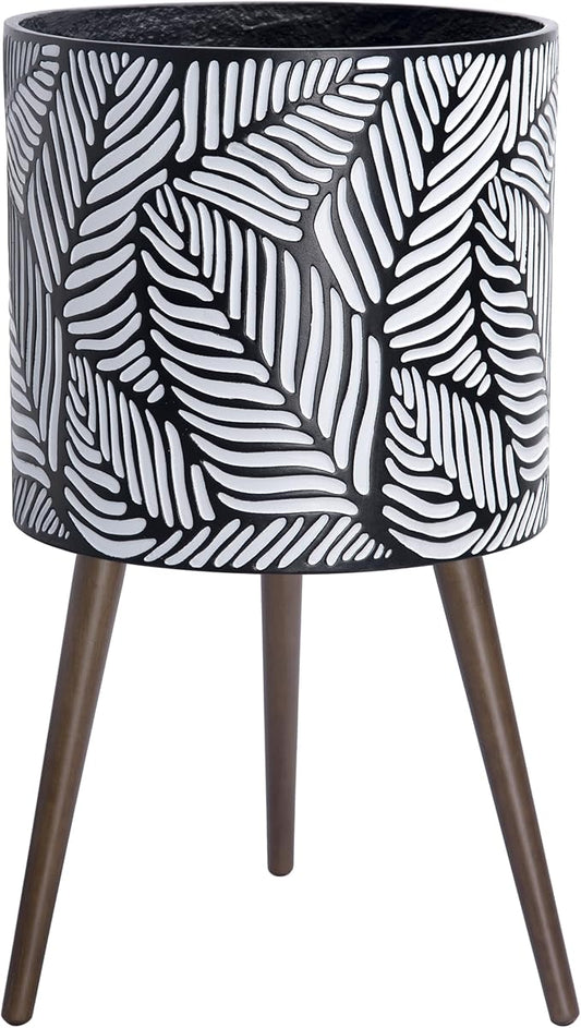 D'vine Dev 16 Inch Planter Pot with Stand, Mid-Century Tall Plant Pot with Legs for Indoor Plants, XX-Large, White/Grey, 88-L-E-7