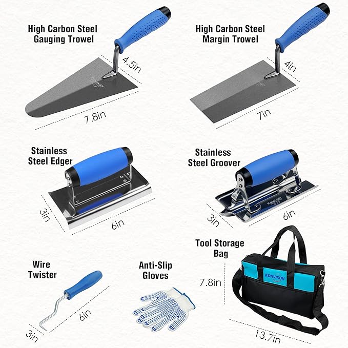 10PCS Concrete Trowel Set, Masonry Hand Tool Set Includes Large Flat Finishing and Pool Trowel, Wood Float, Concrete Edger and Groover, Margin Gauging, Wire Twister, Gloves & Carry Bag