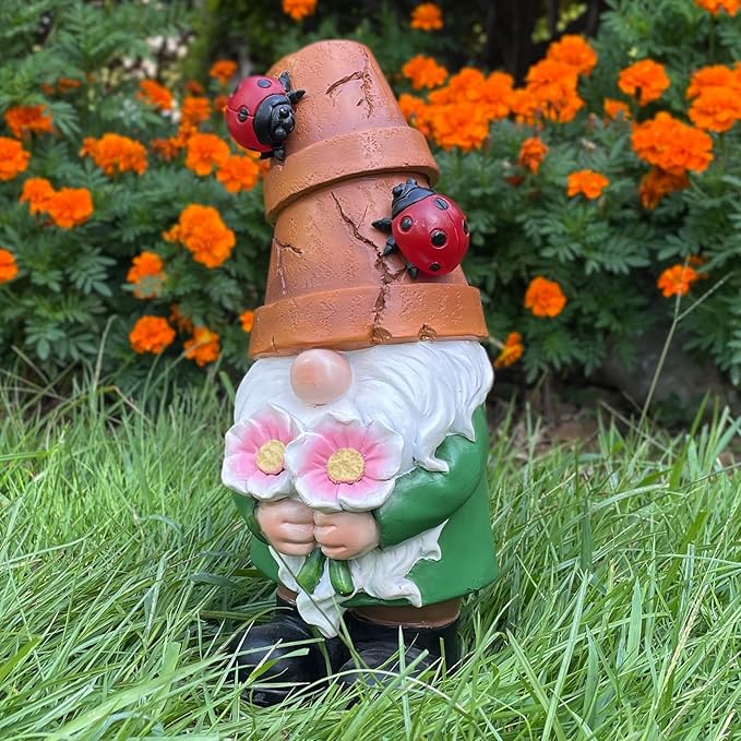 Garden Gnome Statues Outdoor Decor, Solar Gnomes with LED Lighted Flowers, Solar Resin Garden Outdoor Statue Sculpture, for Woman Gift Home and Garden Decor
