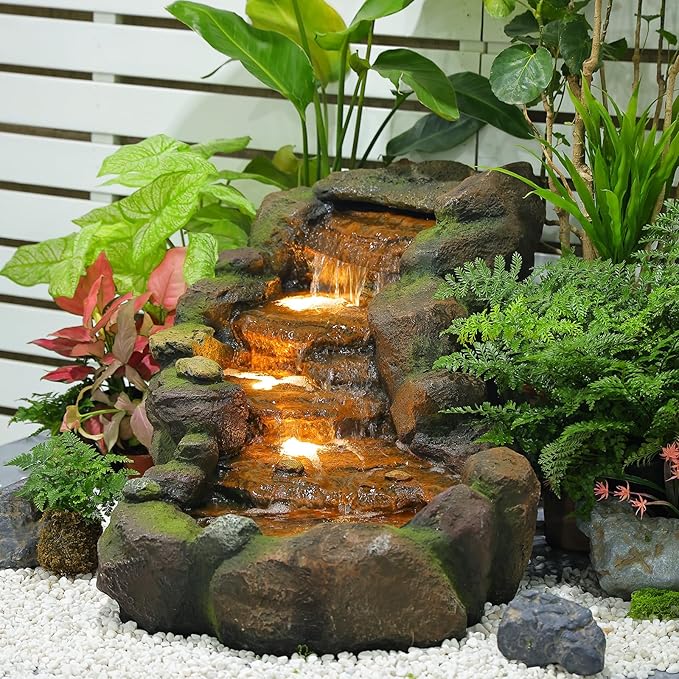 Garden Outdoor Water Fountain, 42.1" L Floor Standing Tiered Rock Outdoor Fountains with LED Lights and Pump for Garden, Backyard, Deck, Patio, Porch and Home Art Decor