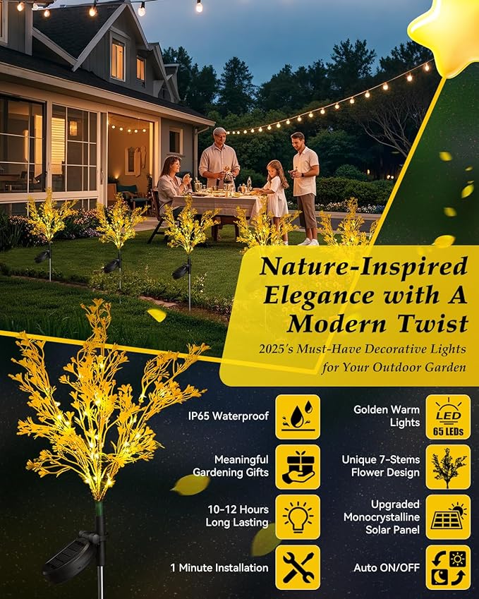 Neporal Solar Flowers Outdoor Waterproof 6PK, 7-Stems Golden Solar Lights Outdoor Decorative, Bigger Solar Panel for Outdoor Garden, Yard, Patio,Flower Pots Outdoor Decoration