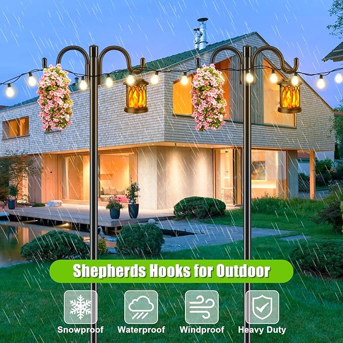 Gtongoko Double Shepherds Hook for Outdoor, 61.5 Inch Heavy Duty Bird Feeder Pole 3/4 Inch Thick Garden Hooks for Hanging Hummingbird Feeder, Plant Baskets, Solar Light Lanterns, 1 Pack