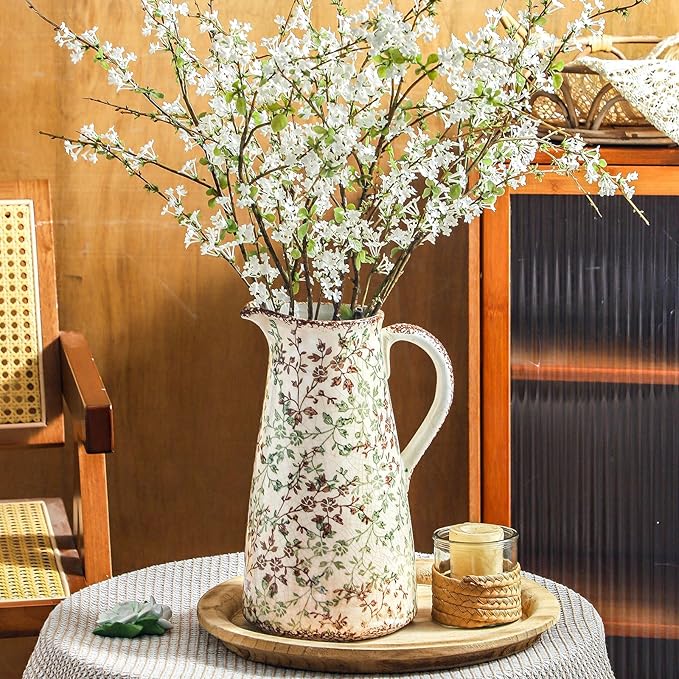 Enra Pitcher vase with Handle,12.2 in Ceramic Vintage Chinoiserie Floral Vase,Green and Beige Decorative Flower vase,Large Rustic Vases for Home Decors, Living Room, Bookshelf, Office