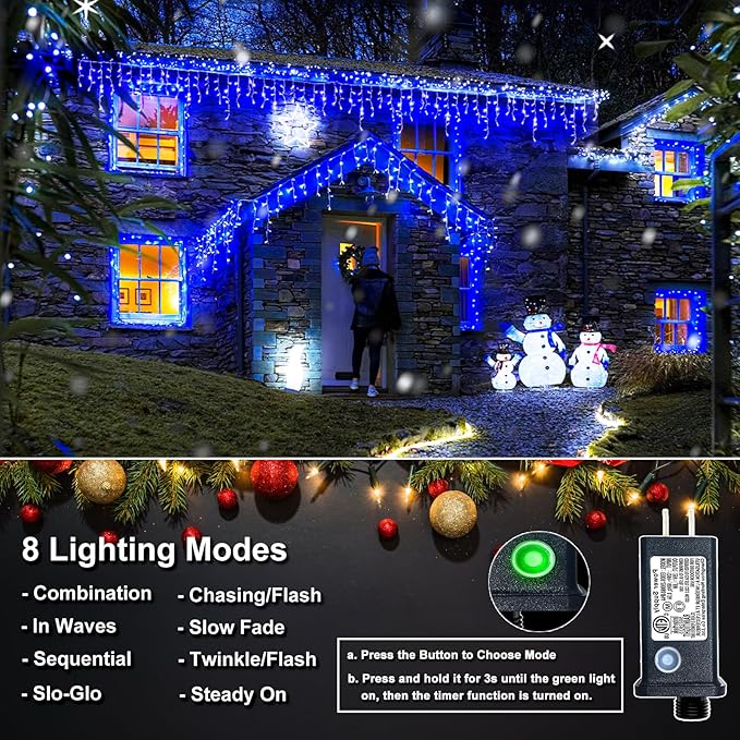 Christmas Icicle Lights Outdoor, 66ft 640 LED Icicle Lights for Outside with 8 Modes Timers, Waterproof Plug in Connectable Twinkle Light for Indoor Window Patio Yard Wedding Decorations, Blue