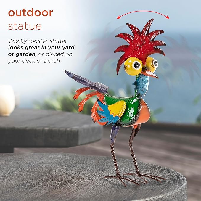 Alpine Corporation - 18" Tall Wacky Metal Rooster Yard Statue – Colorful Indoor/Outdoor Farm Animal Décor for Garden, Patio, Lawn, or Porch