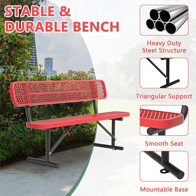 Heavy Duty Park Bench with Back Portable Frame, Outdoor Steel Bench with Backrest, Red Metal Bench Seat Expanded Metal Mesh Bench for Lawn, Park, Deck, Garden, Patio, Porch, Black (Red, 6FT)