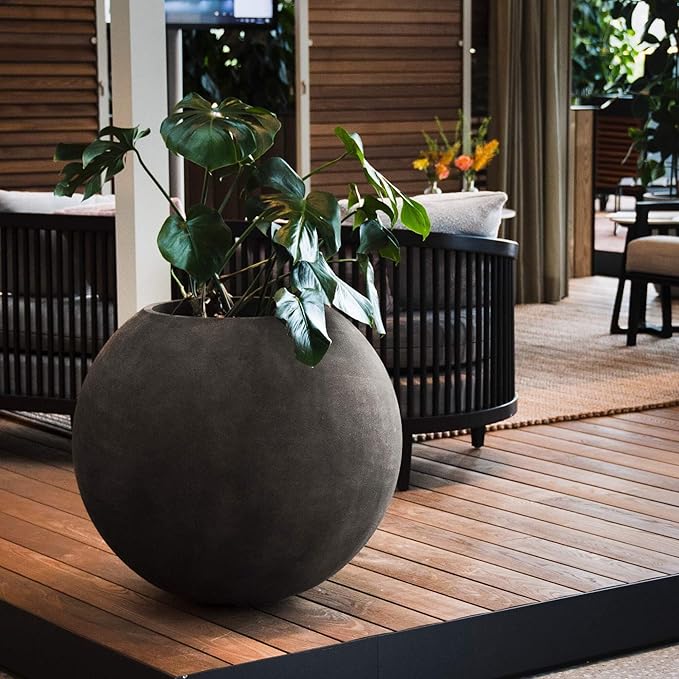 Orbo Large Planter – Fiberglass Indoor/Outdoor and Weather-Resistant Globe Planter (Grey Stone, 35.4" D x 31.3" H)