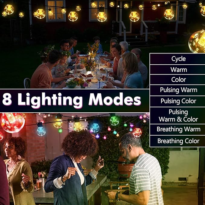 50FT Solar String Lights for Outside – Multicolor & Warm White G40 LED Bulbs, 8 Modes, Shatterproof Waterproof Solar Powered Outdoor String Lights with USB Charging, Patio Lights for Gazebo, Camping