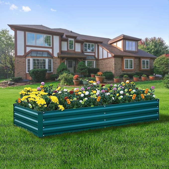 2Pcs Raised Garden Bed - 2 Pack Large Metal Planter Boxes for Vegetables, Flowers, and Herbs - Includes 2 3ft x 30ft Weed Barrier Fabric and 1 Pair of Gloves - Green (8x4x1ft, 2pcs)