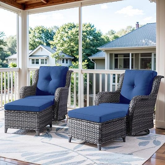 4 Pieces Patio Furniture Sets, Wicker Patio Swivel Glider Chair with Ottomans, Outdoor Furniture Set for Outside Porch, Deck, Balcony, Garden