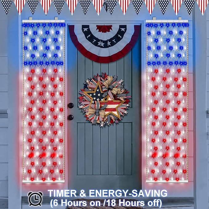 DBFAIRY 2 PCS American Flag Lights, 336 LED 4th of July USA Flag Lights Outdoor with Timer, 8 Modes Red White Blue Banners Lights for Independence Flag Day, Each 6.6Ft (L) x 1.2Ft (W)