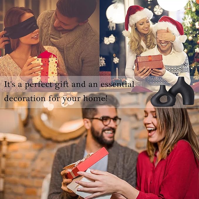 CEMABT Black Ceramic Vase Set of 2 for Modern Minimalist Bohemian Decor，Round Matte Donut Vases for Pampas Grass-Perfect for Living Room, Dining Table, Office Bedroom Shelf Decor Entryway, Console