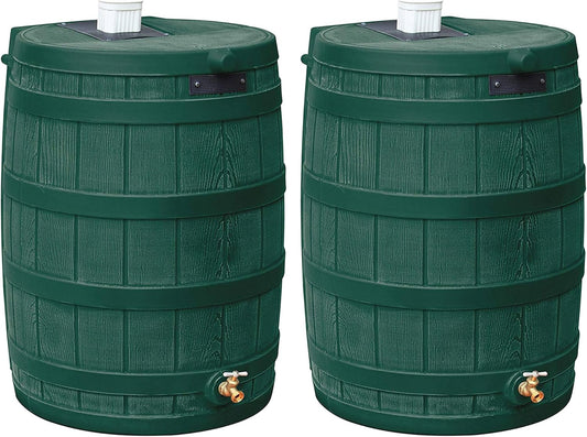 Good Ideas Rain Wizard Water Storage Premium Quality Collection Barrel with Brass Spigot, Safety Screen, and 50 Gallon Capacity, Green (2 Pack)