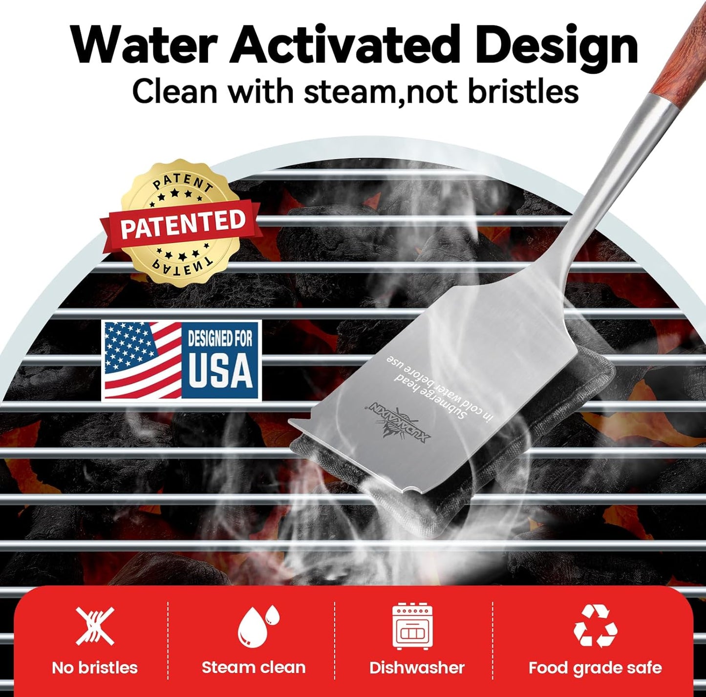 Bristle-Free Steam Cleaning Grill Brush,with Extended Luxurious Rosewood Handle and 1 Replacement Head,BBQ Grill Cleaning Brush Kit,Safe Grill Cleaner for Outdoor Grill,Gifts for Men/Dad