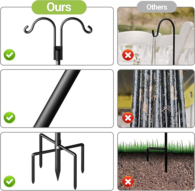 Double Shepherds Hooks for Outdoor, Heavy Duty Bird Feeder Pole with 5 Prong Base, Adjustable Shepards Hook for Outside, Garden, Weddings, Hanging Plant, 2 Pack
