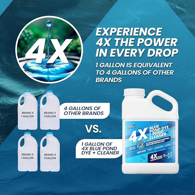 1 Gallon 4X Blue Pond Dye + Pond Cleaner, Blue Dye for Ponds and Lakes, 2-in-1 Lake Colorant + Enzymes, Makes Murky Water Clean & Beautiful, Keeps The Water Cool, Clear, and Ideal for Fish & Wildlife