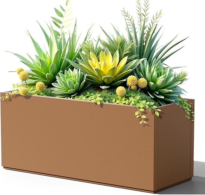 FENCY Large Metal Planter, Large Rectangular Planters for Outdoor Plants, Tall Outdoor Planters for Porch Patio, 38" L x 15" W x 16.3" H Brown Metal Planter with Drainage Hole