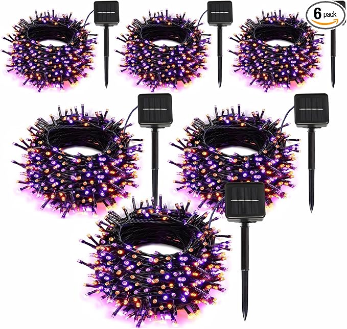 6-Pack Solar String Lights, 600 LED Extra-Long 236Ft Solar Halloween Lights Outdoor Waterproof, 8 Modes Led Halloween Lights for Garden, Patio, Wedding(Purple & Orange)