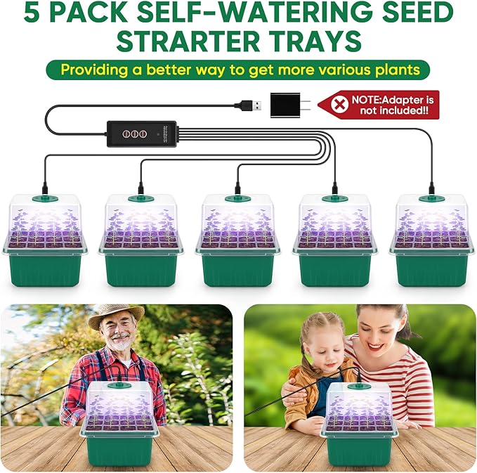 BlumWay Self-Watering Seed Starter Tray Kit with Grow Light and Humidity Dome,3 Color Growing Light,5-Pack 60-Cell Plant Seedling Tray,Reusable Plastic Germination Trays,Timed Light Plant Starter Set