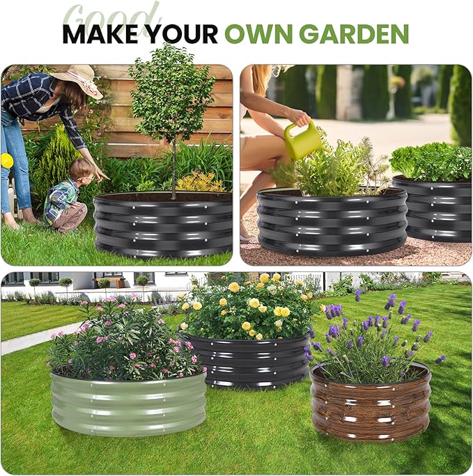 G GOOD GAIN Round Raised Garden Bed - 2Pcs 3x3x1ft Galvanized Steel Planter Boxes Outdoor with Rubber Edge Trim | Metal Raised Beds for Gardening Vegetables Flowers Fruits Herbs (Dark Grey)