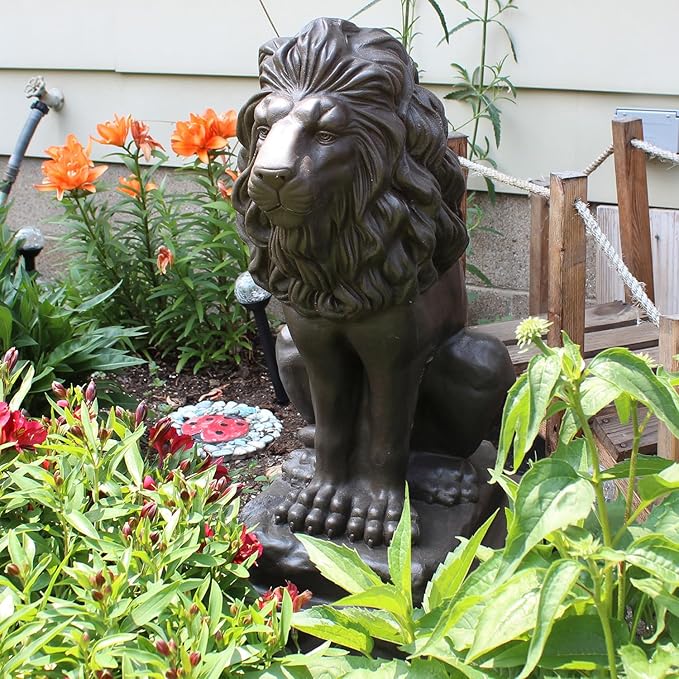 Emsco Group 92210 Guardian Lion Statue – Natural Appearance – Made of Plastic Resin – Lightweight – 28” Height Garden, BRONZE