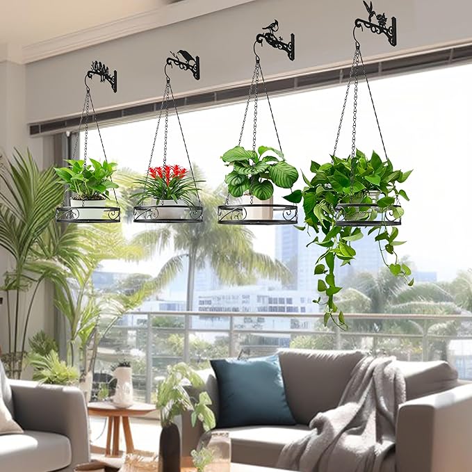 8-Pack Metal Hanging Planters for Outdoor Plants - Heavy Duty Anti Rust 4 Flower Pot Holder with 4 Bird Patterned Plant Hanger – Aesthetic Hanging Plant Holder for an Instant Indoor and Outdoor Decor