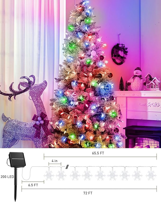 Brightown Solar Christmas Snowflake String Lights, 72FT 200 LED Outdoor Waterproof Fairy Lights with 8 Lighting Modes for Wedding, Party, Tree, Room, Garden, Patio, Yard, Home, Muliticolor