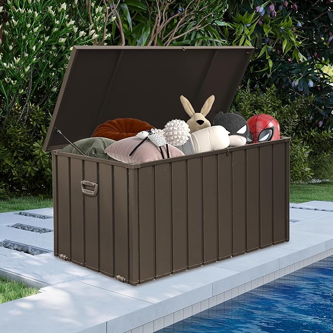 Domi Deck Box 190 Gallon, Waterproof Lockable Steel Outdoor Storage Container for Outside Cushions, Garden Tools and Pools Equipment, Brown
