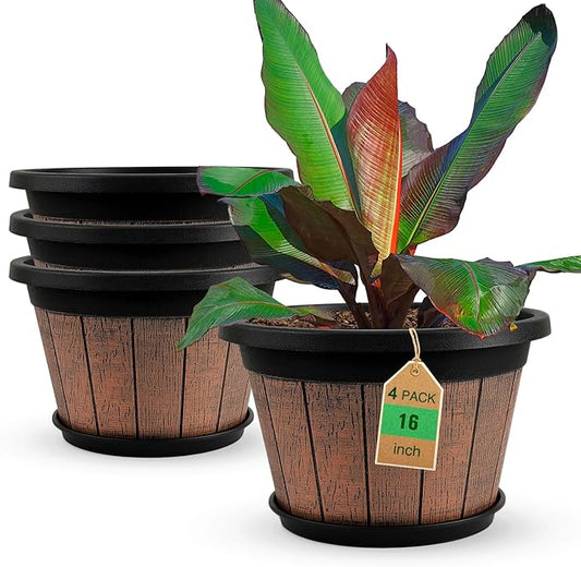 Quarut Large 4 Pack 16 inch Plant Pots,Whiskey Barrel Planters with Drainage Holes & Saucer,Plastic Decoration Flower Pots Retro Design,Planters for Outdoor Indoor Garden Balcony Plants (Brown)