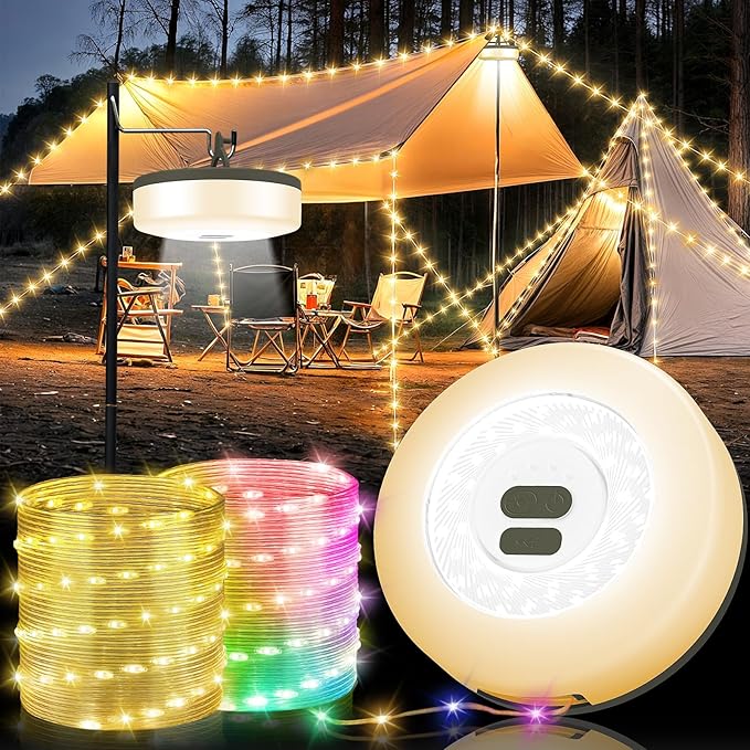 Camping String Lights, 4 in 1 Quick Storage Camping Essentials Gear 32.8FT Rechargeable Tent Lights with 9 Modes Hanging Waterproof LED Camp Lamp for Camping Hiking Patio Garden Festival -Warm +RGB