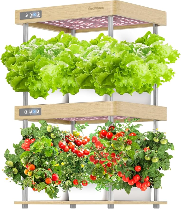 GROWNEER HydroEasy1.0 Hydroponics Growing System Kit, Beginner-Friendly Indoor Garden for Vegetable Fruit Herb, Solid Wood Design, Perfect Gift Idea, Full-Spectrum LED Lights for Maximum Growth