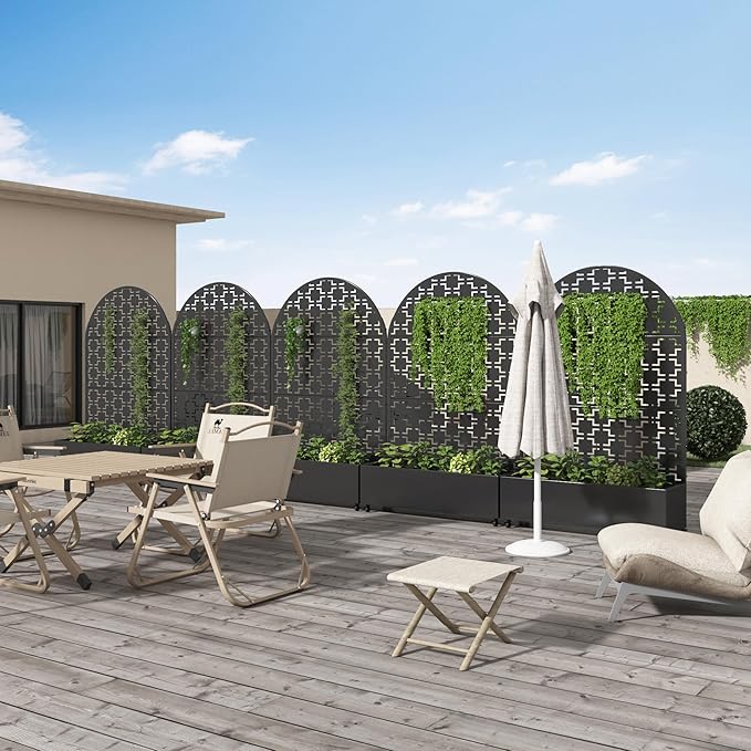 Casaphoria Metal Raised Garden Bed with Trellis and Wheels, 72"x47"x16" Arched Planter Box for Climbing Plants, Vegetables & Vines, Features Drainage Holes and Privacy Screen (Black-Brick)