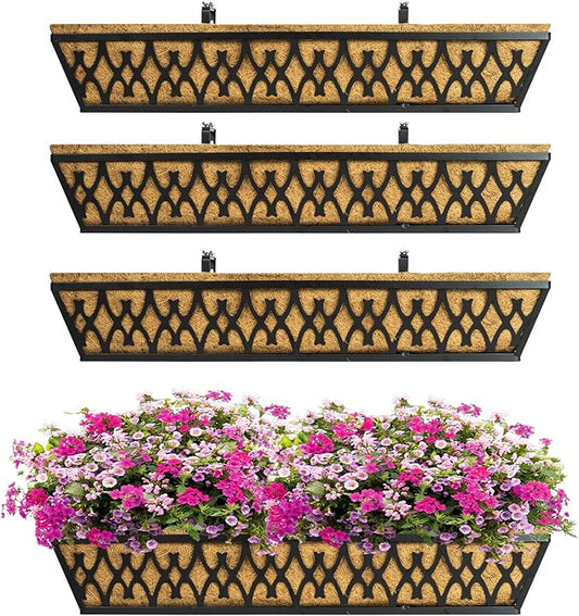 4 Pack 30 Inch Window Boxes Planters Railing Planter Box with Adjustable Brackets for Porch Fence Patio Balcony Hanging Flower Baskets with Coco Liners for Outdoor Garden Decor - Black