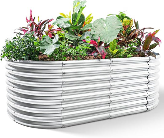 Land Guard 24“ Tall Galvanized Raised Garden Bed Kit, Galvanized Planter Garden Boxes Outdoor, Oval Large Metal Raised Garden Bed for Vegetables (Classic Silver, 4×2×2ft)
