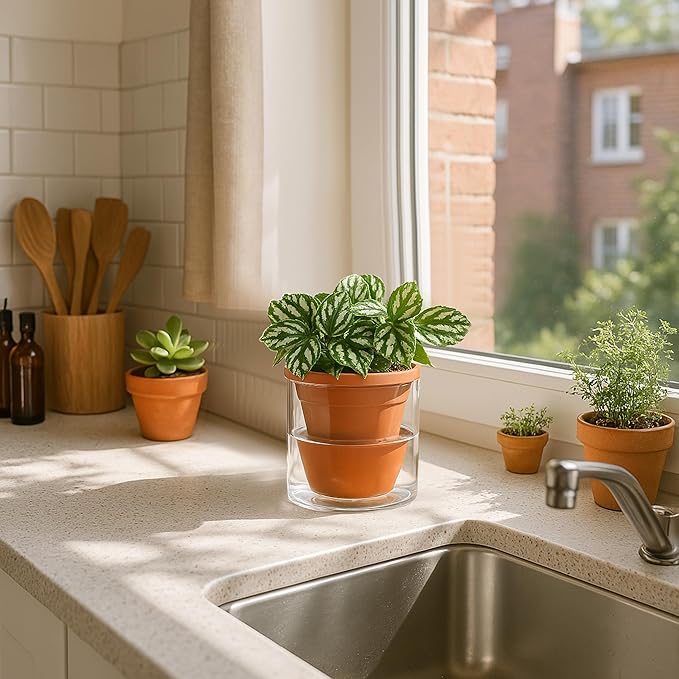 D'vine Dev 4 Inch Design Self Watering Pot for Indoor Plants, Terracotta Planter with Cylinder Glass Cup, Set of 4, 37-Z-A-1-F