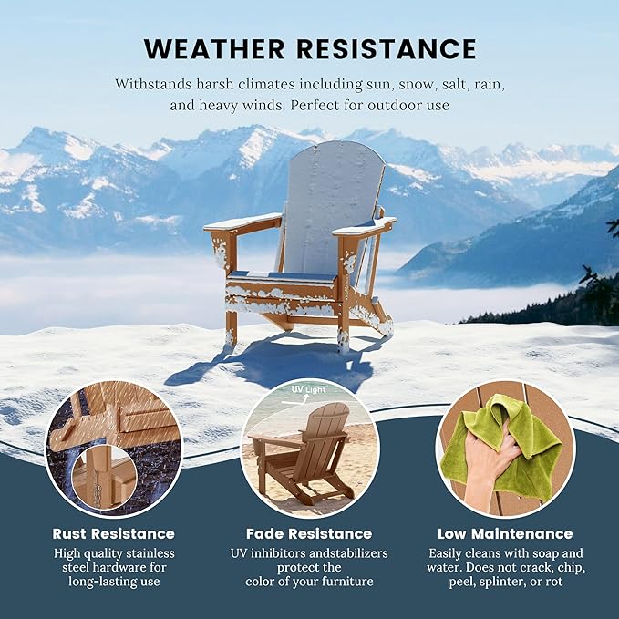 Westin Outdoors Laguna WO Outdoor Adirondack Folding Patio Chairs 8 PCS Set Retro Beach Aesthetic for Backyard, Lawn, Patio, Deck, Garden, Weather Resistant Polyethylene Plastic Lounger (Teak)