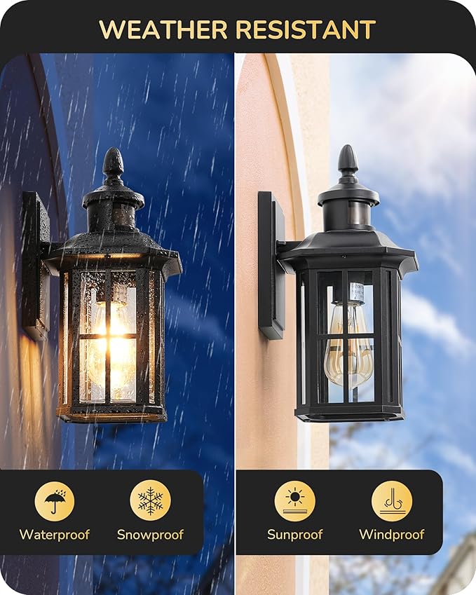 EDISHINE 2 Pack Motion Sensor Outdoor Wall Lights, Dusk to Dawn Exterior Lighting Fixture, Modern Porch Light Wall Mount, Clear Water Glass, Anti-Rust Aluminum for Front Door Garage, Patio, Black