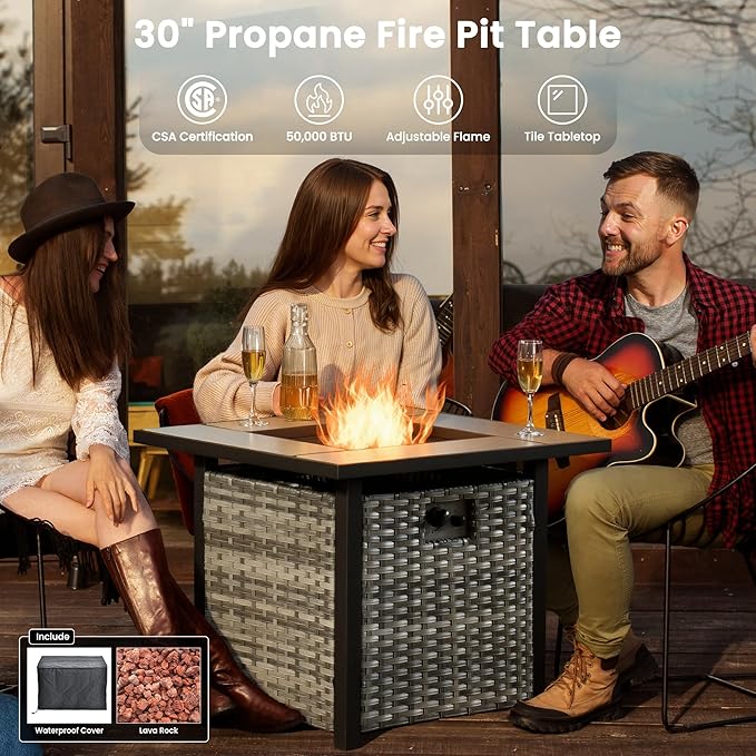 ovios 8 Pieces Patio Furniture Set with 30" Fire Pit Table, Outdoor Wicker Sofa with Comfy Cushions, All Weather High Back Rattan Couch Conversation Set, Beige