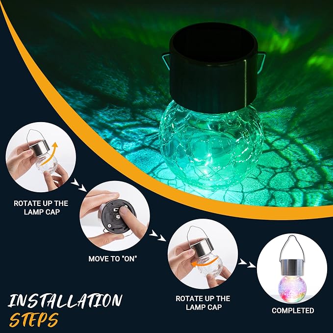 GIGALUMI 8 Pack Solar Hanging Lights, Christmas Decoration Lights with Multi-Color Changing Cracked Glass Hanging Ball Solar Outdoor Lights Waterproof Solar Lanterns for Garden, Yard, Patio, Lawn