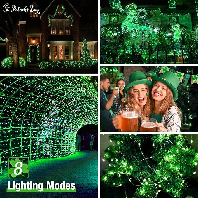 btfarm 4 Pack St Patricks Day Fairy Lights, 320LED 132FT Green Solar String Lights Outdoor Waterproof, 8 Modes Solar Twinkle Lights Irish Decorations for Tree Party Christmas Garden Yard Wedding