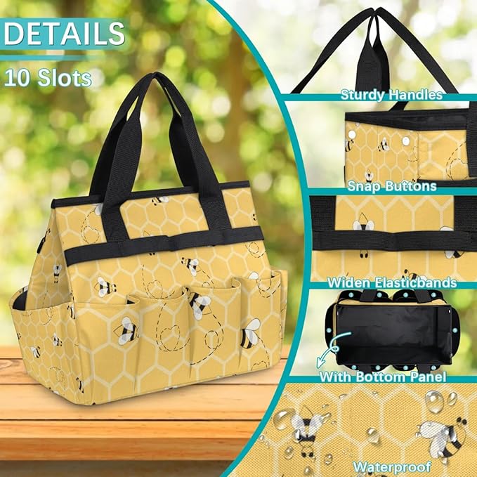 Yellow Bee Gardening Tool Bag,Heavy Duty Garden Tote Bag,Portable Oxford Gardening Storage Basket Organizer Handbag with Pockets Handle,Hand Tools Gifts for Outdoor Garden Lawn Yard